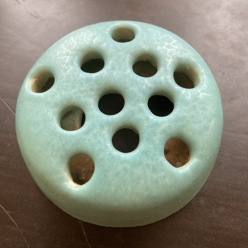 Antique Circa 1915 Van Briggle Art Pottery Flower Frog BLUE Green 2.5" Signed