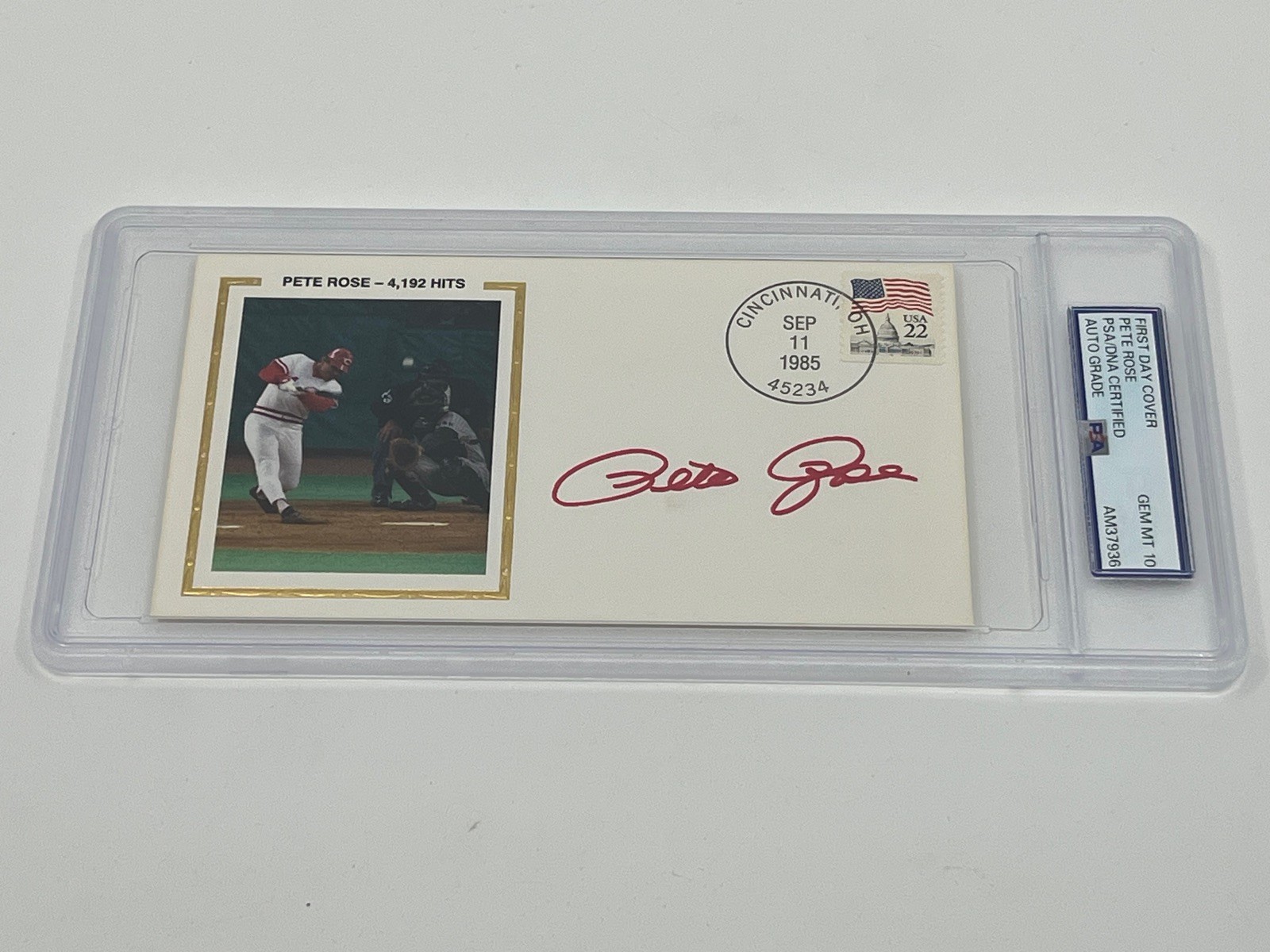 Pete Rose Reds 4,192 Hits Signed Autograph First Day Cover Swing PSA DNA Auto 10
