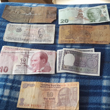 Asia World Banknotes Lot India Turkey Vietnam 12 Notes ₹10 ₹1 ₺5 ₺10 ₺20 (2013)