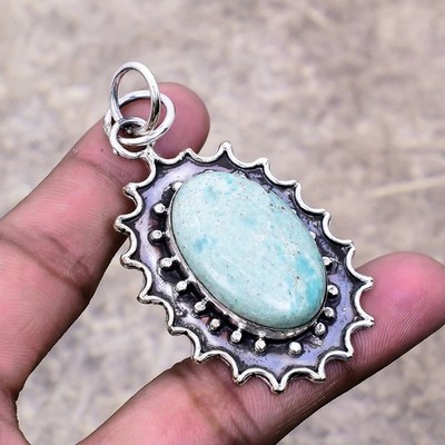 Amazonite Gemstone Handmade 925 Sterling Silver Jewelry Pendant 2.34''
