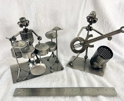Metal Musician Figurines Drum Set & Guitar Silver Handmade Contemporary Carvings