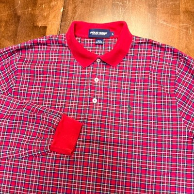 VTG Polo Golf Ralph Lauren Polo Shirt Mens L Red Plaid Long Sleeve ROCC Crest