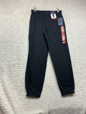 Gap Twill Jogger Pants Womens XS True Black Elastic Cuffs Button Zip Fly Pockets