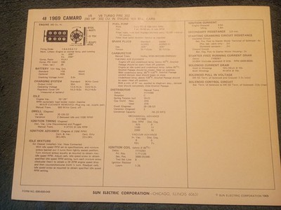1969 CHEVROLET CAMARO 302 V-8 ENGINE SUN TUNE-UP CHART / WITH 4BBL CARB 290 H.P.