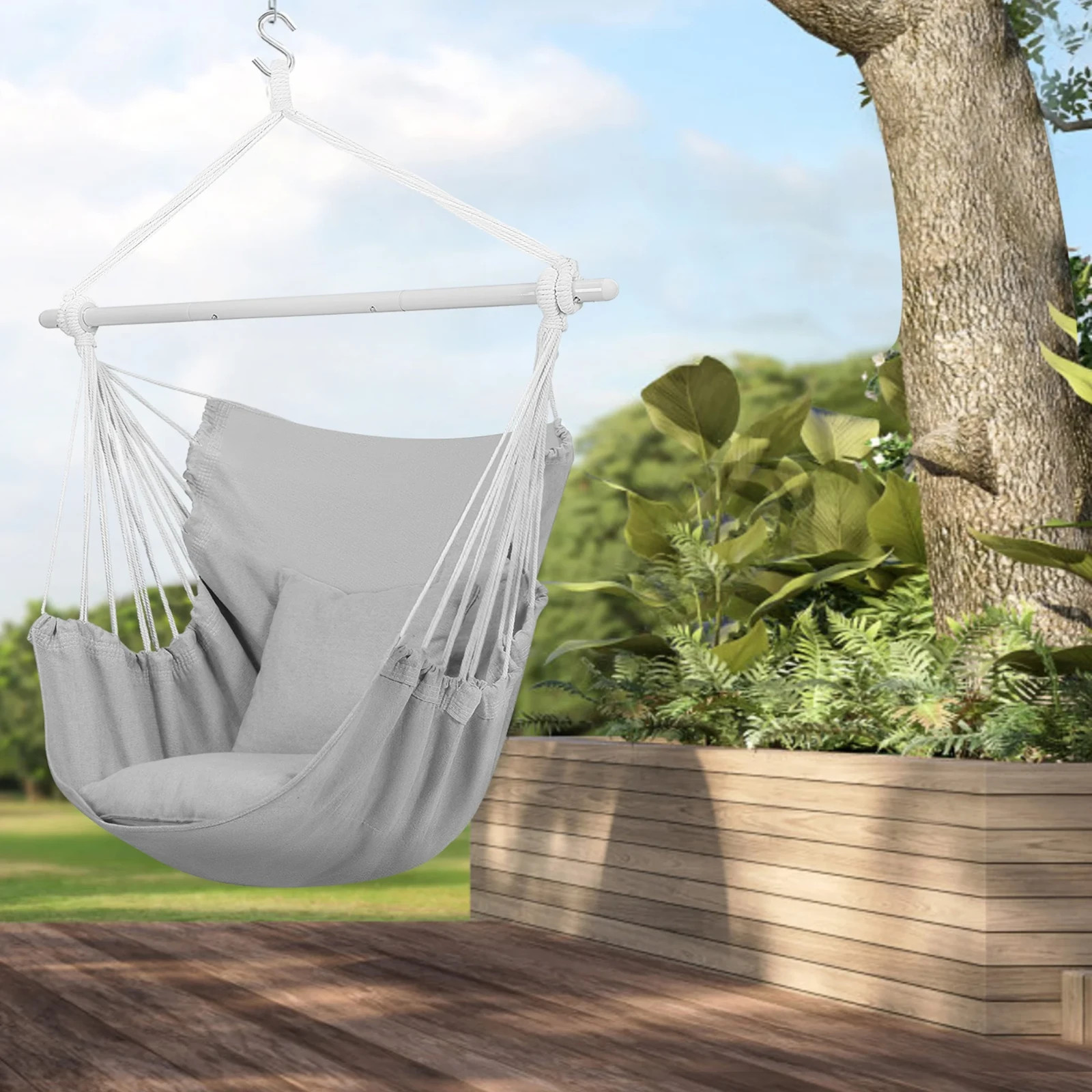 Segmart Outdoor Hanging Hammock Chair Swing w Pillow Galvanized Pipe Frame Gray