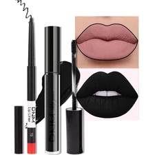 evpct 2Pcs Black Matte Liquid Lipstick and Lip Liner Gloss Stain Pencil Makeu...