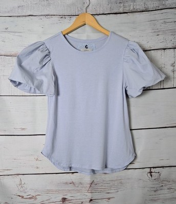 Cupio Women's Top Size Petite Small Light Blue Puff Sleeve Stretch Knit Casual