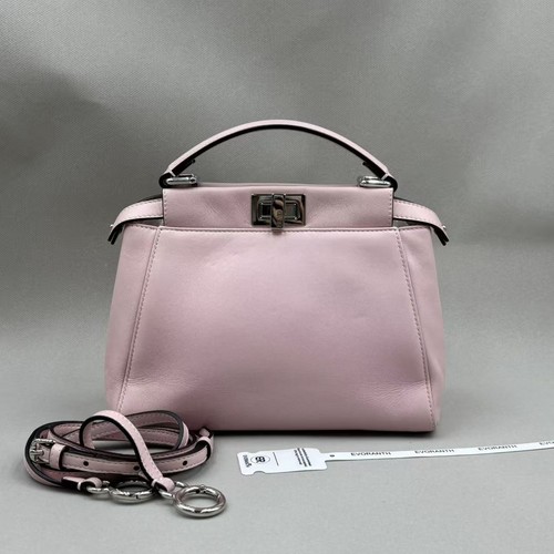 AUTH Fendi Peekaboo Mini Pink Leather Satchel Handbag Silver Twist Lock