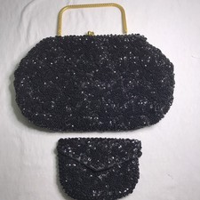 Vtg 60s Evening Black Beaded Purse W/ Beaded Coin Purse, Gold Handle