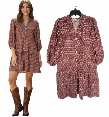 Max Studio Womens Red & White Boho Print Rayon Mini Dress With V-Neck & 3/4 Slee