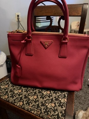 PRADA Pink Saffiano Satchel Top Handle Bag Zip, Detachable Strap, Gold