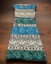 Tory Burch Medallion Print Green Teal Cap Sleeve Silk Jersey Dress Belted SZ XS