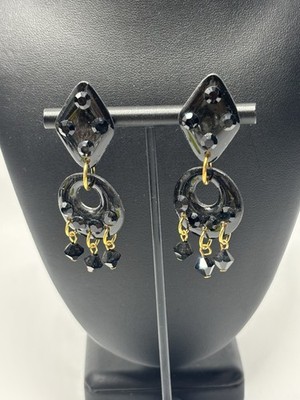 Designer MAM Rhinestone Chandelier Earrings Black Gold Tone Artisan Post