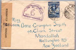 1942 Accra Gold Coast Opened by censor cover to Wellington New Zealand NZ