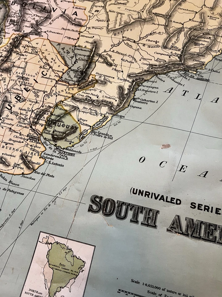 Mapa desplegable de escuela antigua grande de América del Sur de 1900 - W & AK Johnson Foto 2 de 4
