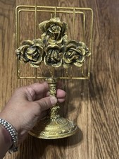 Vtg Gold-tone Napkin Guest Towel Holder Heavy Ornate Metal Roses 9 X 4.5 Inches