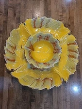 Vintage 1970’s California Pottery Chip And Dip 5 Piece Set Fall Dishes Yellow
