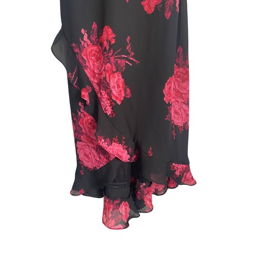 Express Y2K Blumenmuster Rüsche Maxi Slip Kleid schwarz rot Rosen 11/12 Chiffon Rüschen - Bild 2 von 6