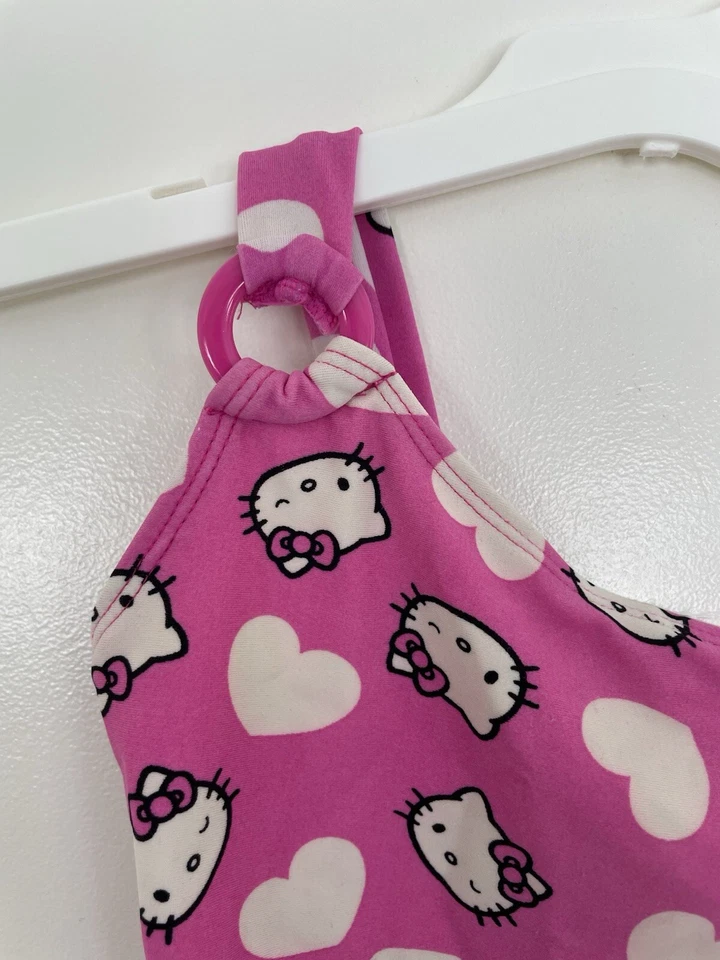 Antiguo traje de baño azul marino coleccionable Hello Kitty niños niñas estampado de corazón 1 pieza rosa XS Foto 3 de 4