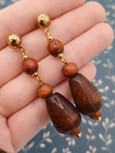 Beautiful Gold Tone & Rich Wooden Beaded Drop Earrings