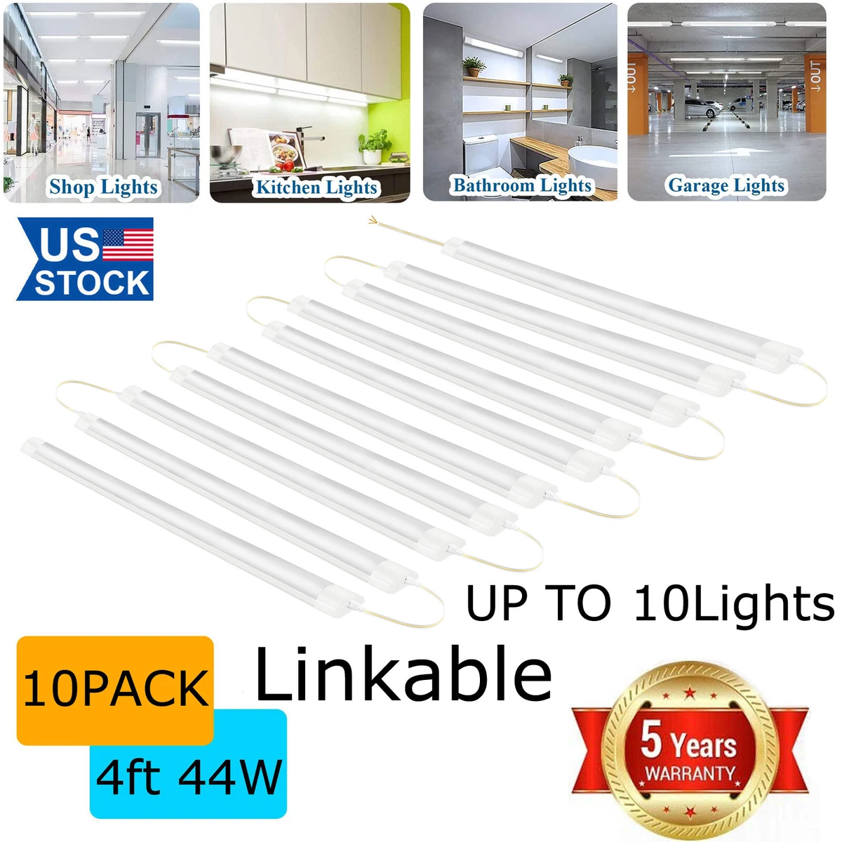 10 Pack 4FT LED Wraparound 44W 4 Foot LED Shop Lights for Garage 48 Inch Fixture