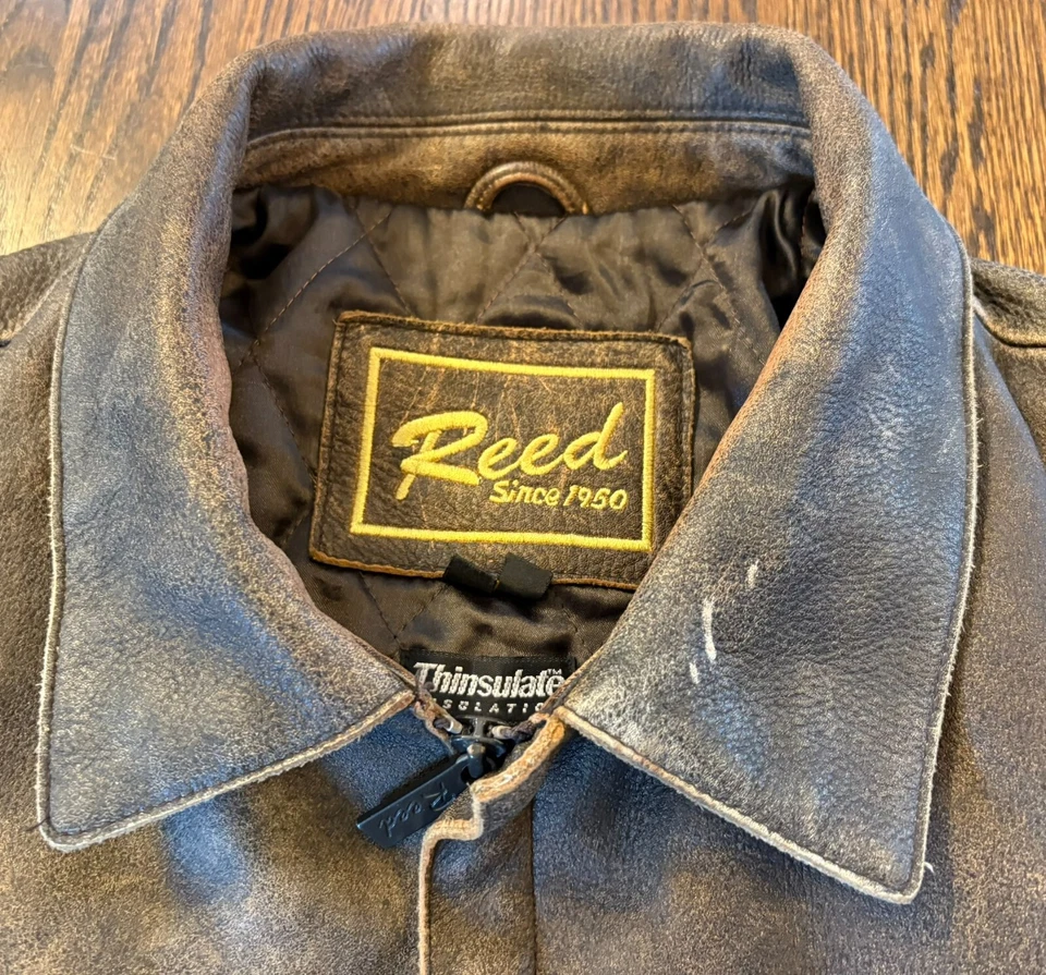 Chaqueta de cuero envejecido marrón forrada a cuadros Thinsulate de caña para hombre XL T Coat Foto 2 de 4