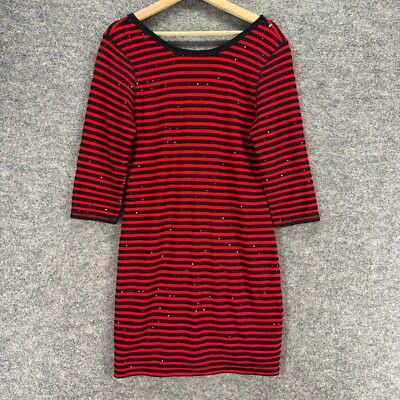 Express Dress Women L large Red Striped Shift Midi Lined Long Sleeve Casual  | eBay