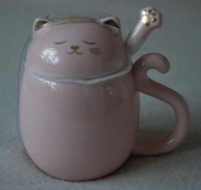 Kit-Tee Katze Deckel Keramik Tasse mit Löffel Hellrosa & Gold