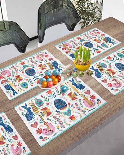 Easter Placemats for Dining Table Bohemia Bunny Eggs Cotton and Linen Table M... - Imagen 4 de 8