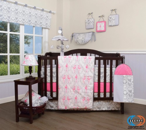 Damask Flamingos Pink Girl Baby 12 Piece Bumperless Crib Bedding Set by GEENNY - Picture 2 of 8