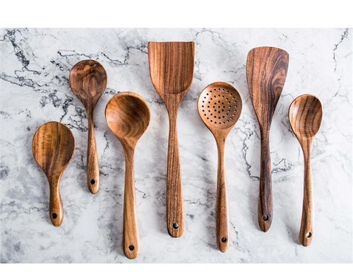 7-piece Teak Tableware Set: Skimming Spoon, Colander, Cooking Spoon & More - Picture 17 of 29