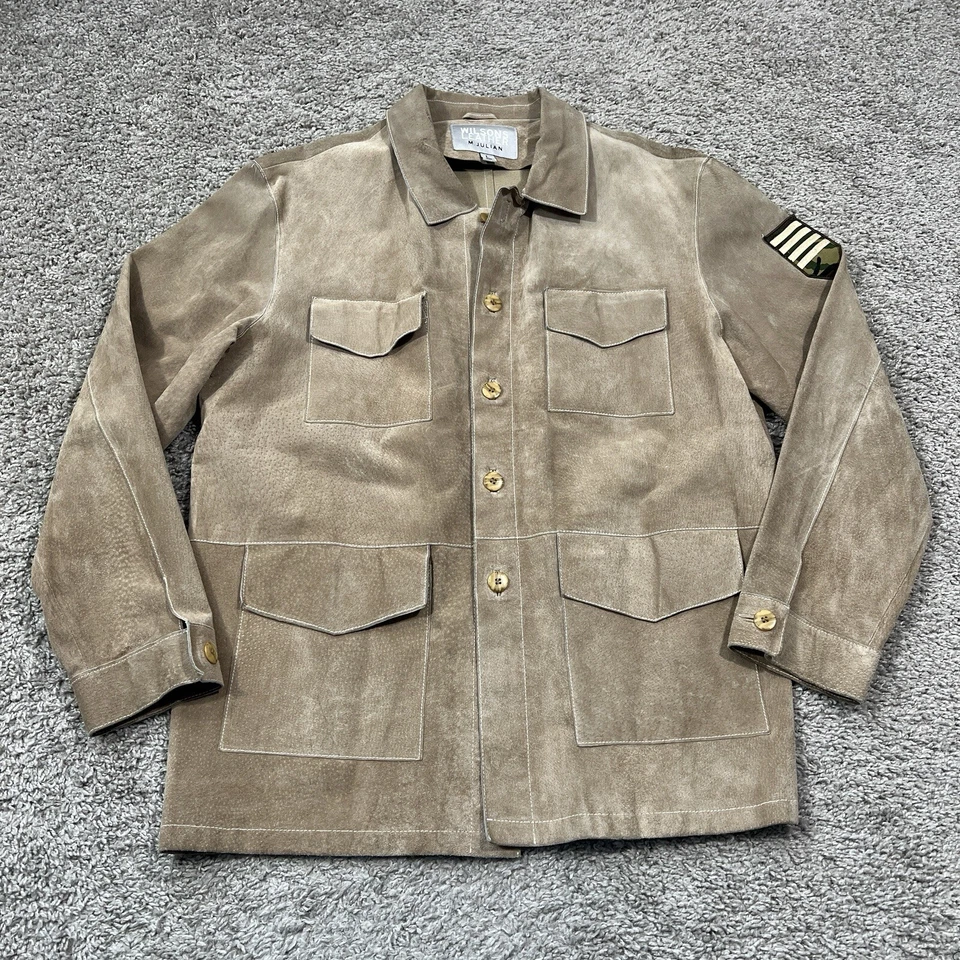 Chaqueta de cuero de gamuza beige camel Wilsons M. Julian para hombre parche grande del ejército