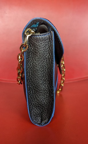 VERA BRADLEY Harper Black Leather Blue CLUTCH Purse Bag Gold Link Chain Strap - Picture 7 of 18