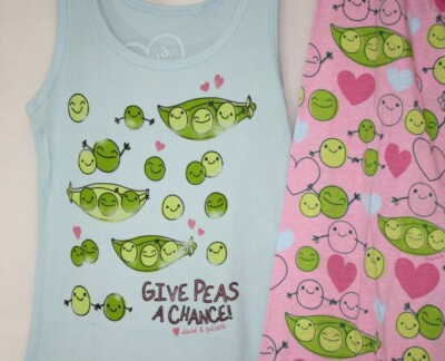 Womens David & Goliath Give Peas A Chance Pajamas PJ's Sleep Lounge Set 