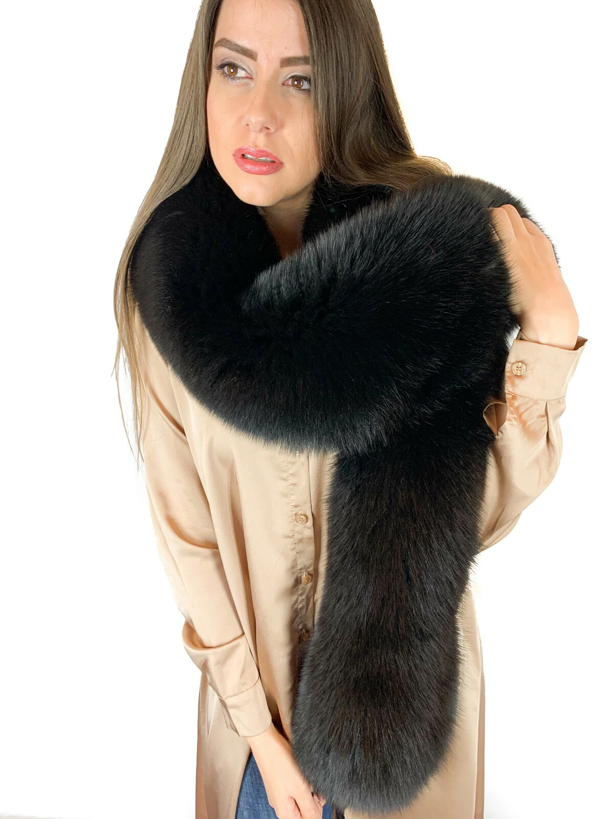 Luxury Jet Black Fox Fur Stole 65'' (170cm) Saga Furs Big Scarf Fur Collar Boa