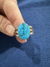 Vtg Sterling Silver 925 Mexico Oval Turquoise Band Ring, Sz: 9.25, 14x10.5mm