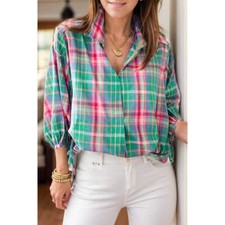 Plaid Collared Neck Three-Quarter Sleeve Blouse
