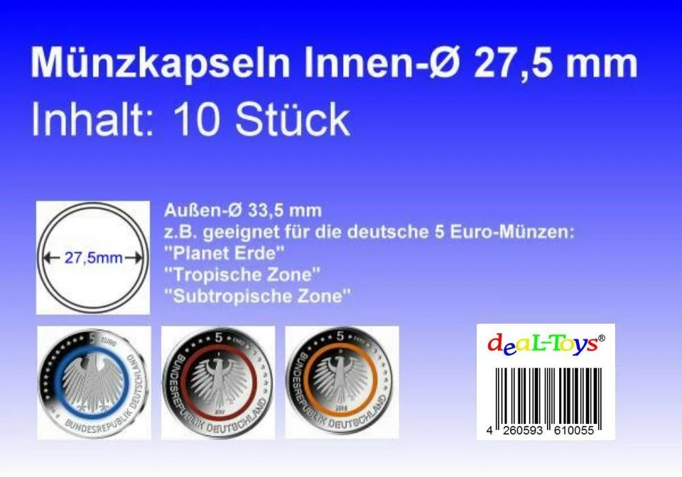 DEAL-TOYS® 10 Münzkapseln 27,5mm, geeignet für 5 Euro Münze...