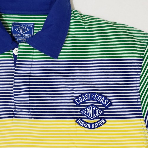 Parish Polo Shirt Men's XXL Green Yellow Navy & White Striped Button Up - Picture 7 of 11