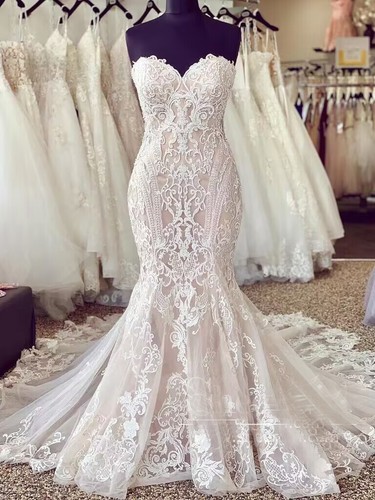 Champagne Mermaid Wedding Dresses Strapless Appliques Sweep Train Bridal Gowns - Picture 2 of 9