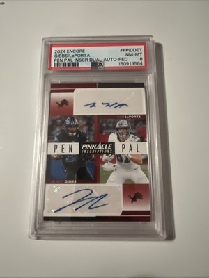 2024 Panini Encore PPID Red Jahmyr Gibbs and Sam LaPorta Pen Pal Red /50 PSA 8
