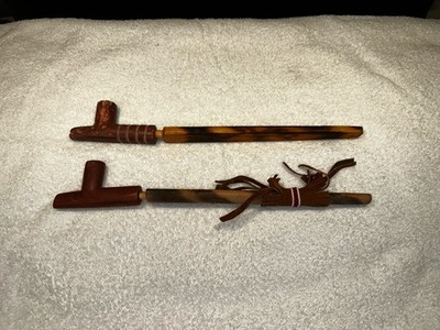 Two Native American Indian Pipestone Hand Carved Peace Pipes One Signed