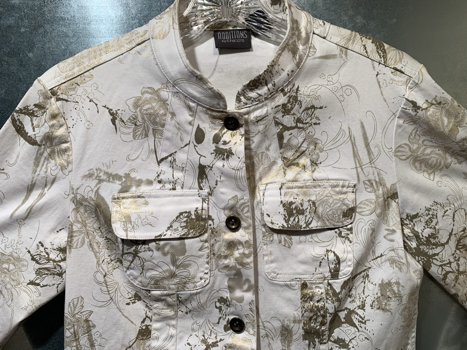 Denim Jacket Stretch Shiny Gold/Green Floral Print  Additions By Chicos - Size 1-image