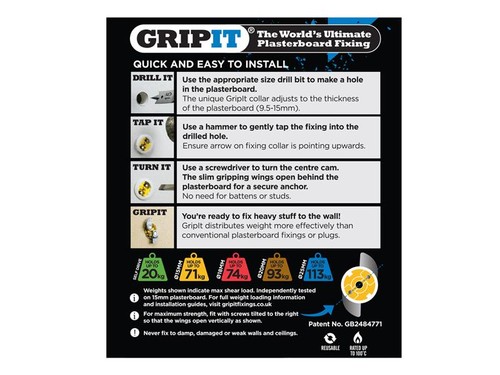 Gripit Yellow Plasterboard Fixings 15mm (Pack 100) GRP15100 - Picture 5 of 6