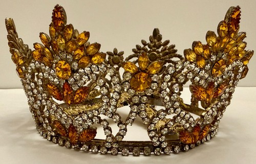 Vintage Amber Rhinestone Crown Tiara Pageant Bridal Costume Headpiece Gold Tone