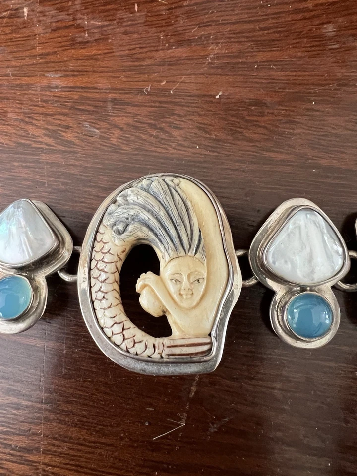 Pulsera de plata de ley. Piedras talladas a mano, turquesa y semi anteriores Foto 2 de 4