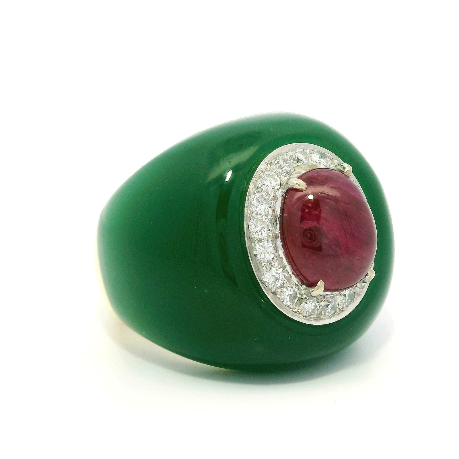 Unique Solid Yellow Gold Ruby Diamond & Green Ony… - image 2