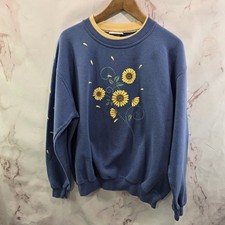 Vintage Sweatshirt Womens XL Blue Sunflower Granny 90s Pullover Crewneck Flower