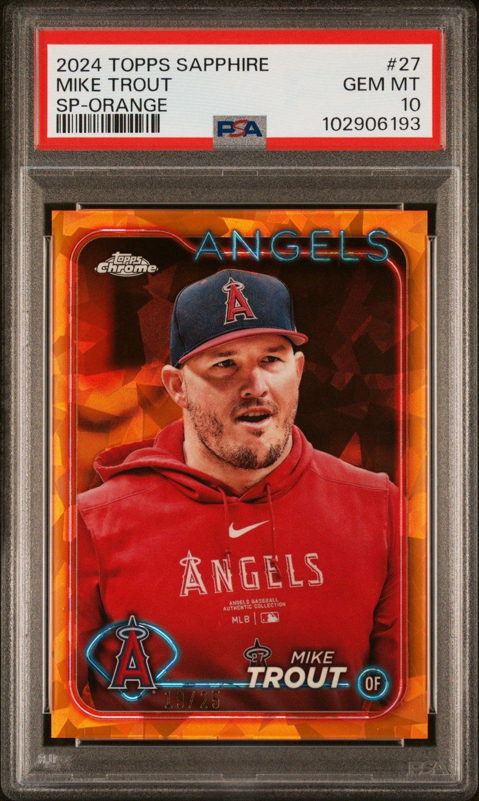 MIKE TROUT 2024 TOPPS CHROME SAPPHIRE ORANGE REFRACTOR SP /25 PSA 10