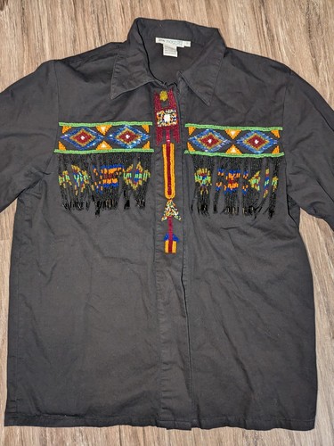 Vintage 80s 90s Lew Magram South Western Fringe Beaded Top Women's Size 8 Black - Picture 2 of 16